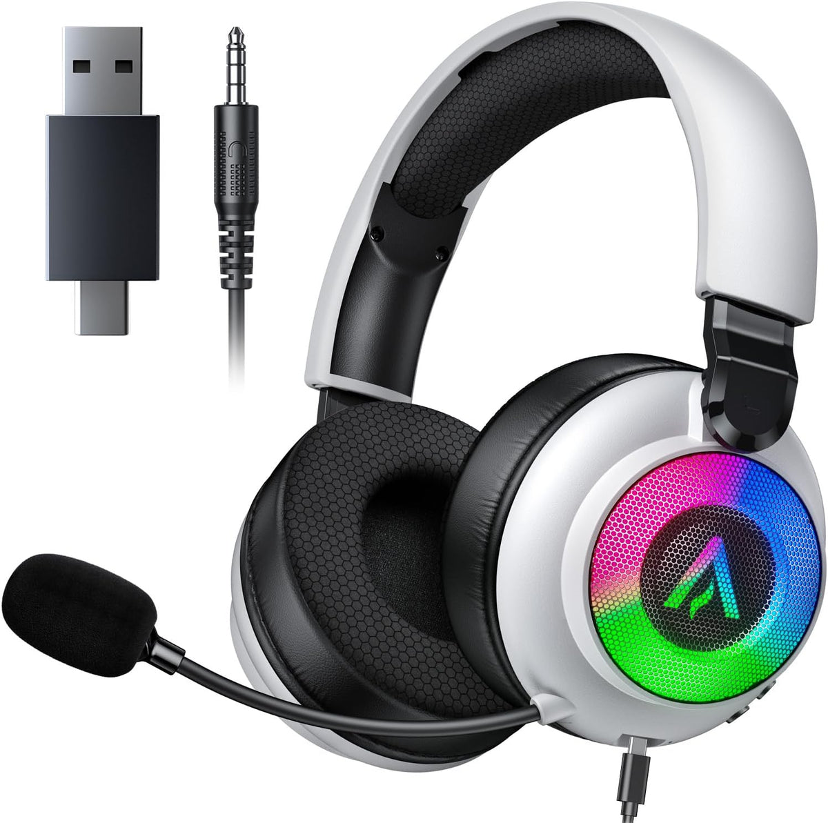 Buwnia 4-in-1 wireless gaming headset front view with RGB lighting