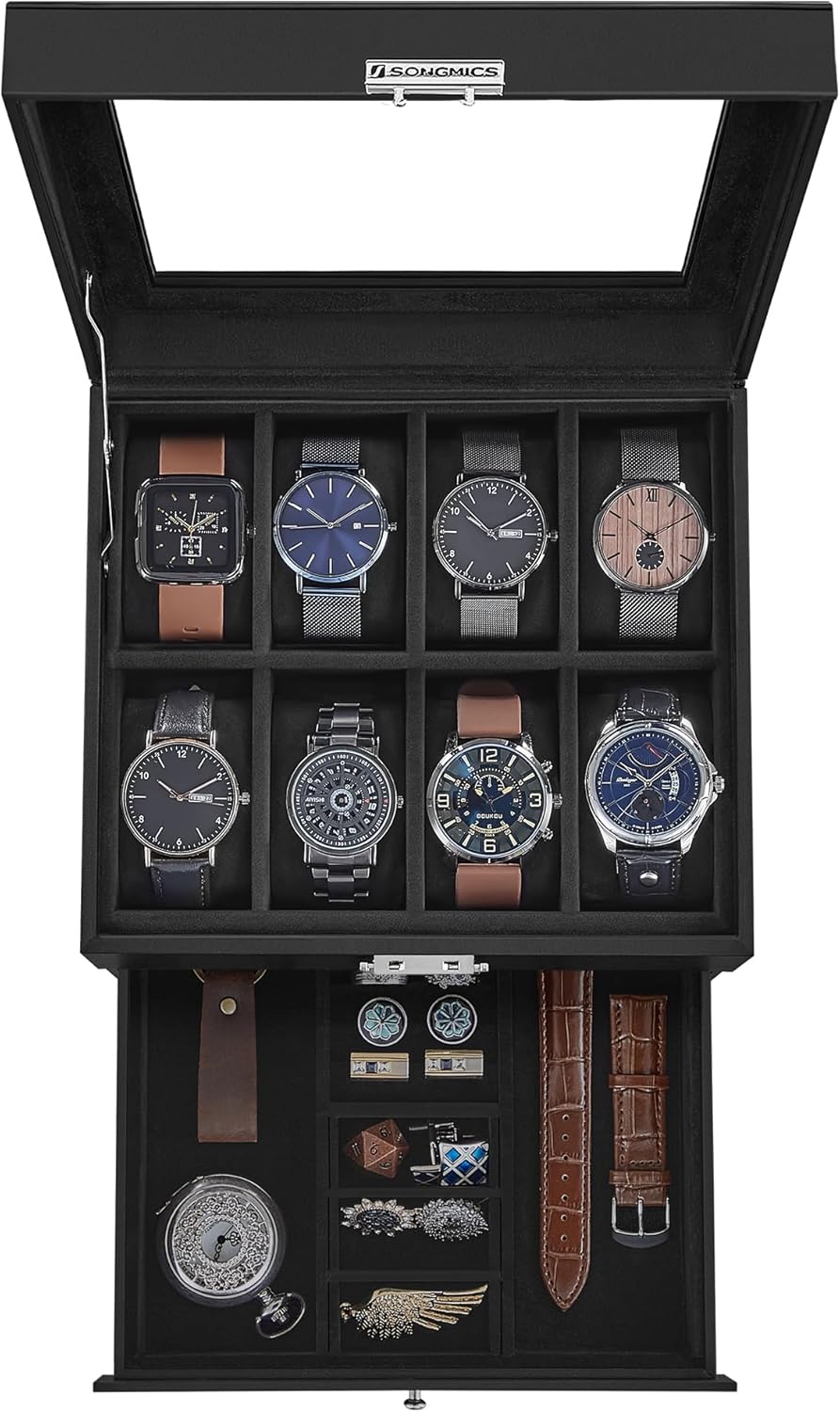 SONGMICS Watch Box, 8-Slot Watch Case Organizer with Large Glass Lid, 2 Layers, Removable Pillows, Metal Lock, Gift for Loved Ones, Black Synthetic Leather, Greenish Gray Lining UJWB080G01 - Image 13