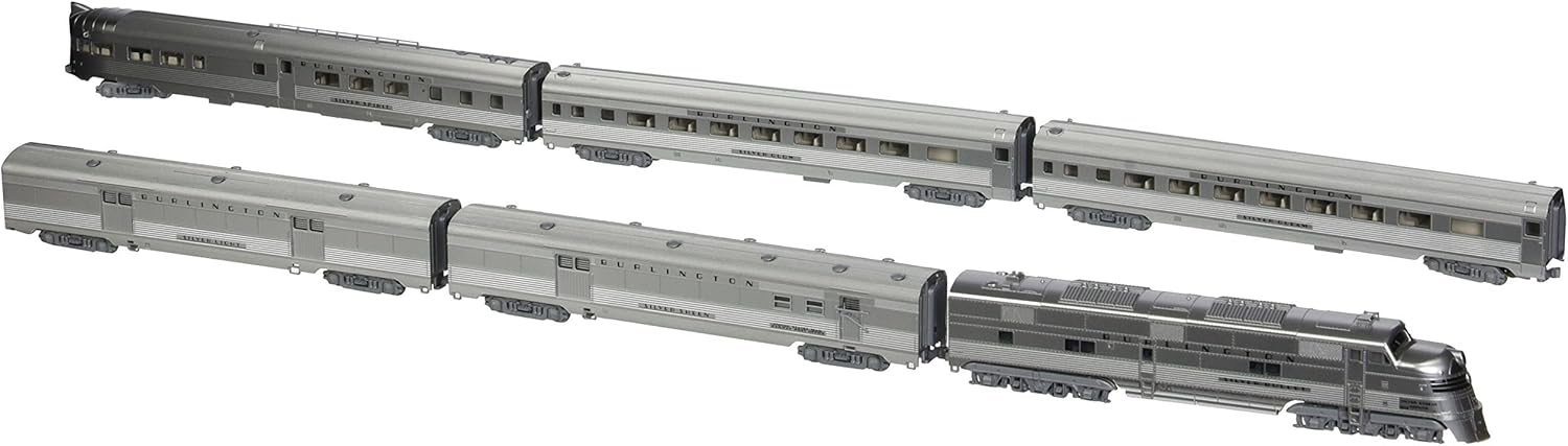 Kato USA model train set front view of Silver Streak Zephyr locomotive