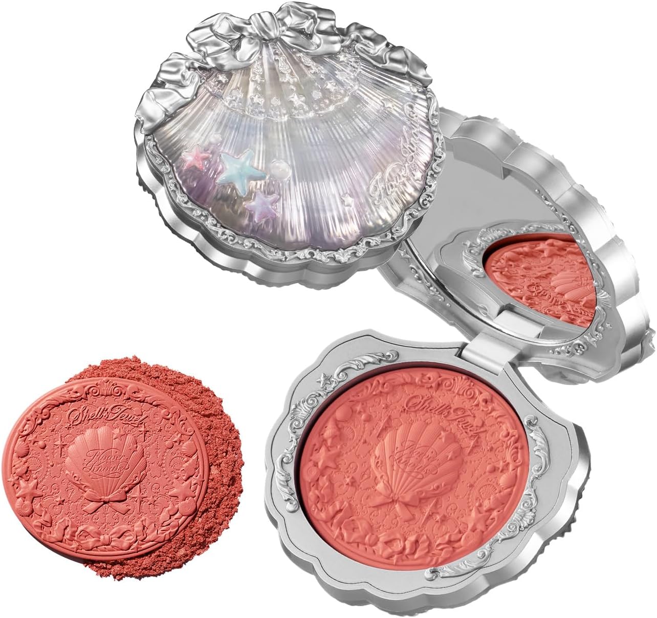 Flower Knows Shells Jewel Silk Satin Blush front view showing the holographic seashell compact.