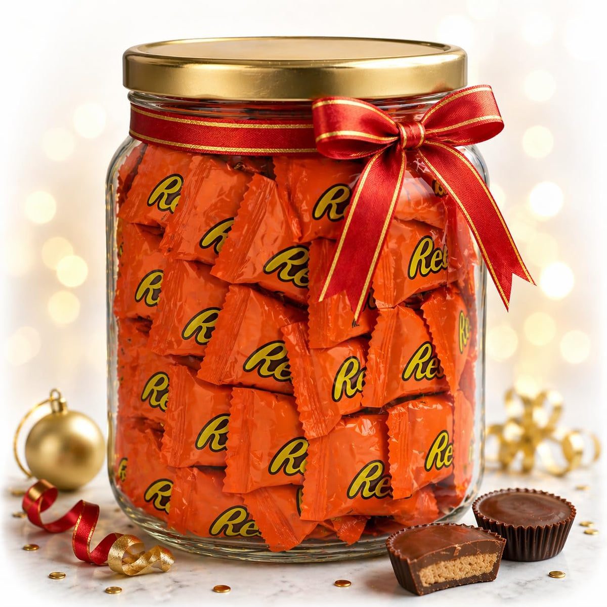 Close up of individually wrapped Reese's snack size peanut butter cups
