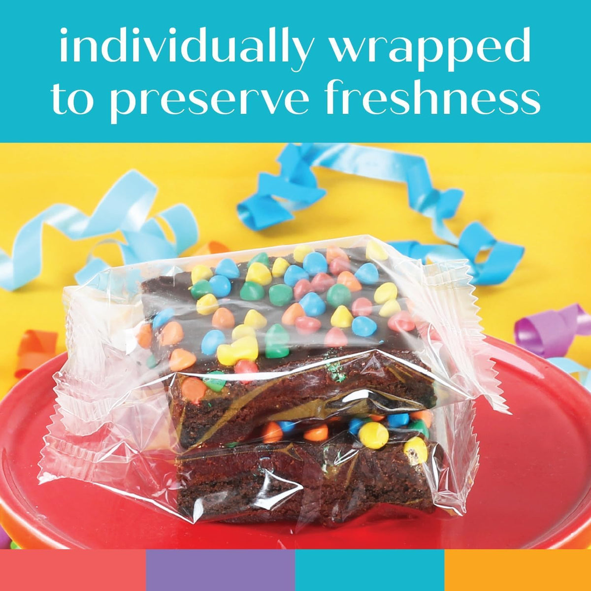Close up of fudgy brownie with colorful candy gems