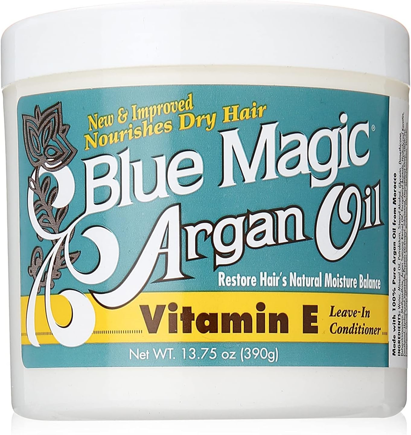 Blue Magic Argan Oil and Vitamin E Leave-In Conditioner front view container jar