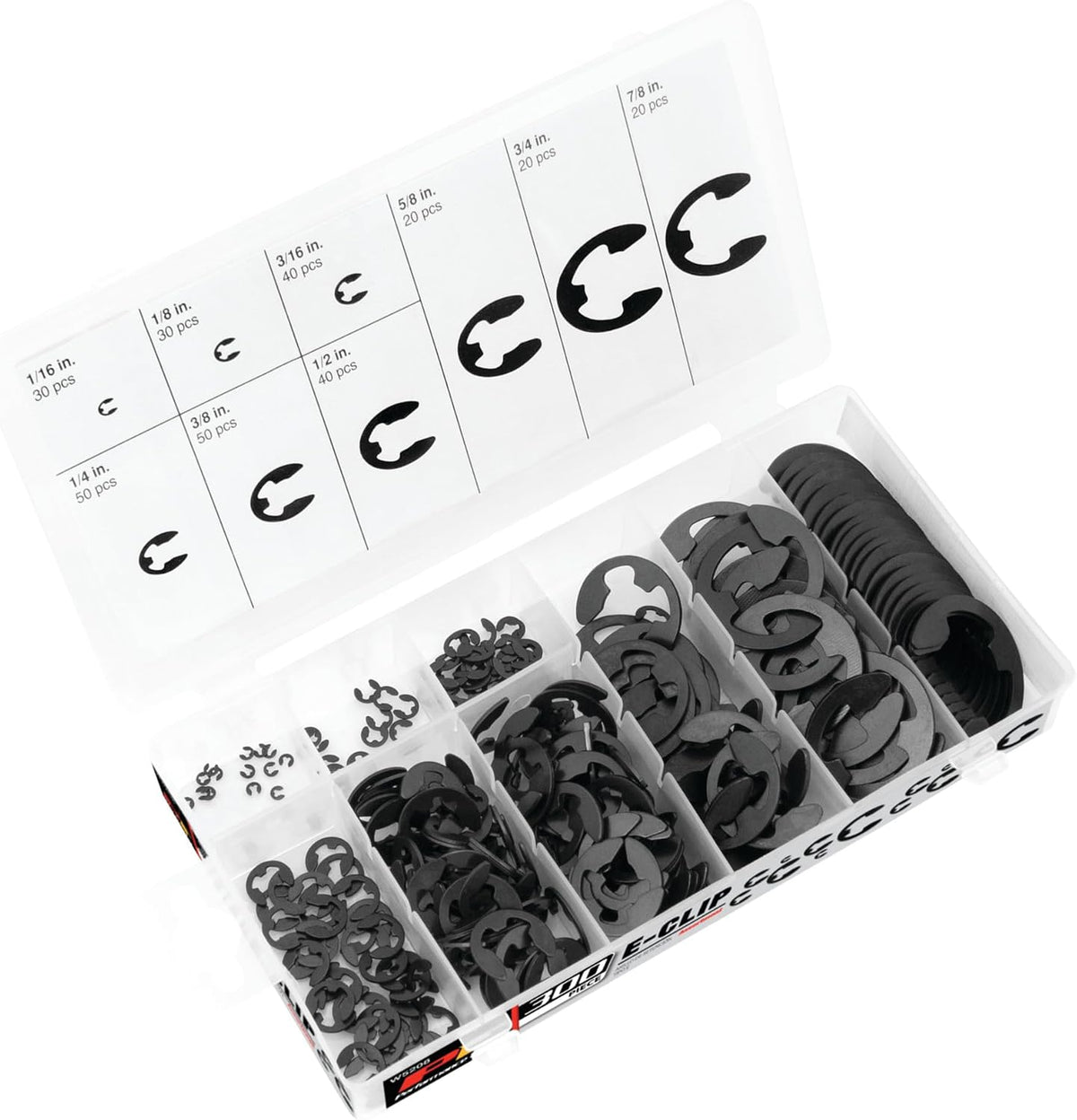 Performance Tool W5208 300-Piece E-Clip Assortment front view storage case