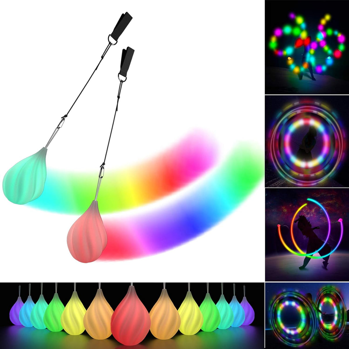 Papi Dada LED Poi Balls front view showing the soft rubber water drop shape and finger handles.