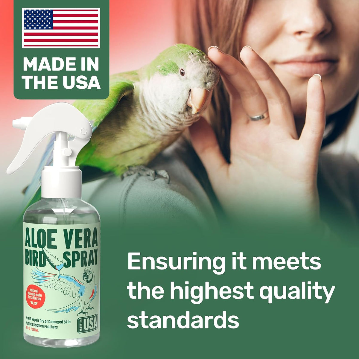 Samorillo chemical-free bird spray for cockatiels and parakeets to prevent feather plucking.