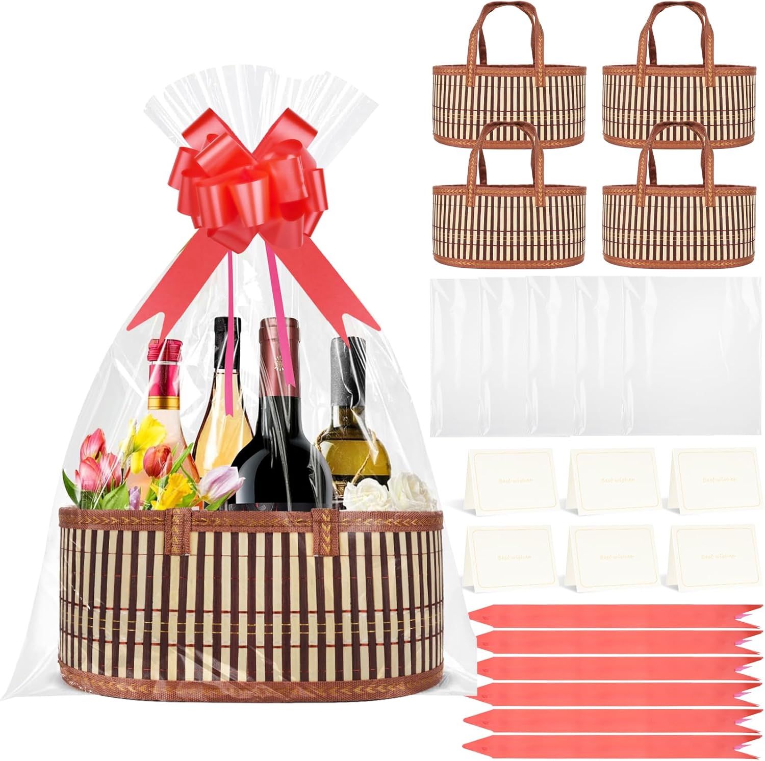 Dreamtop Draupnir 5 Set Empty Bamboo Gift Baskets front view containing clear wrap bags and cards.