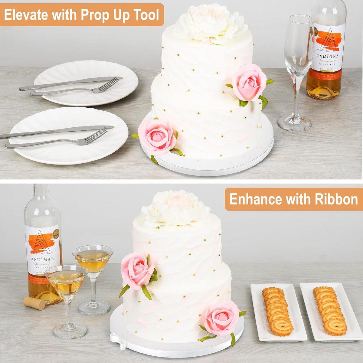 Pack of 12 assorted size round cake drums stacked together