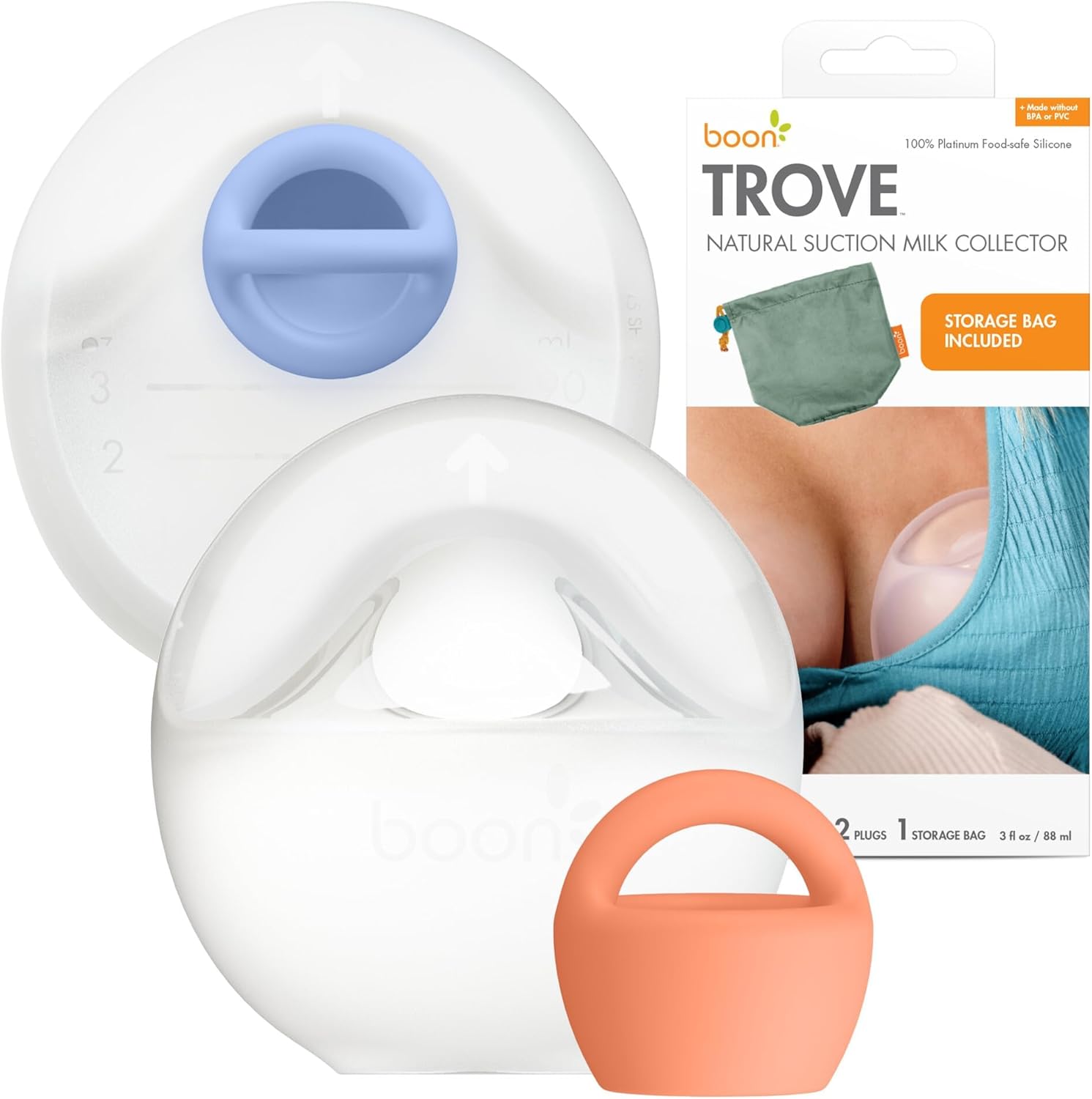 Boon Trove Silicone Manual Breast Pump Set front view showing two wearable clear silicone collectors with plugs