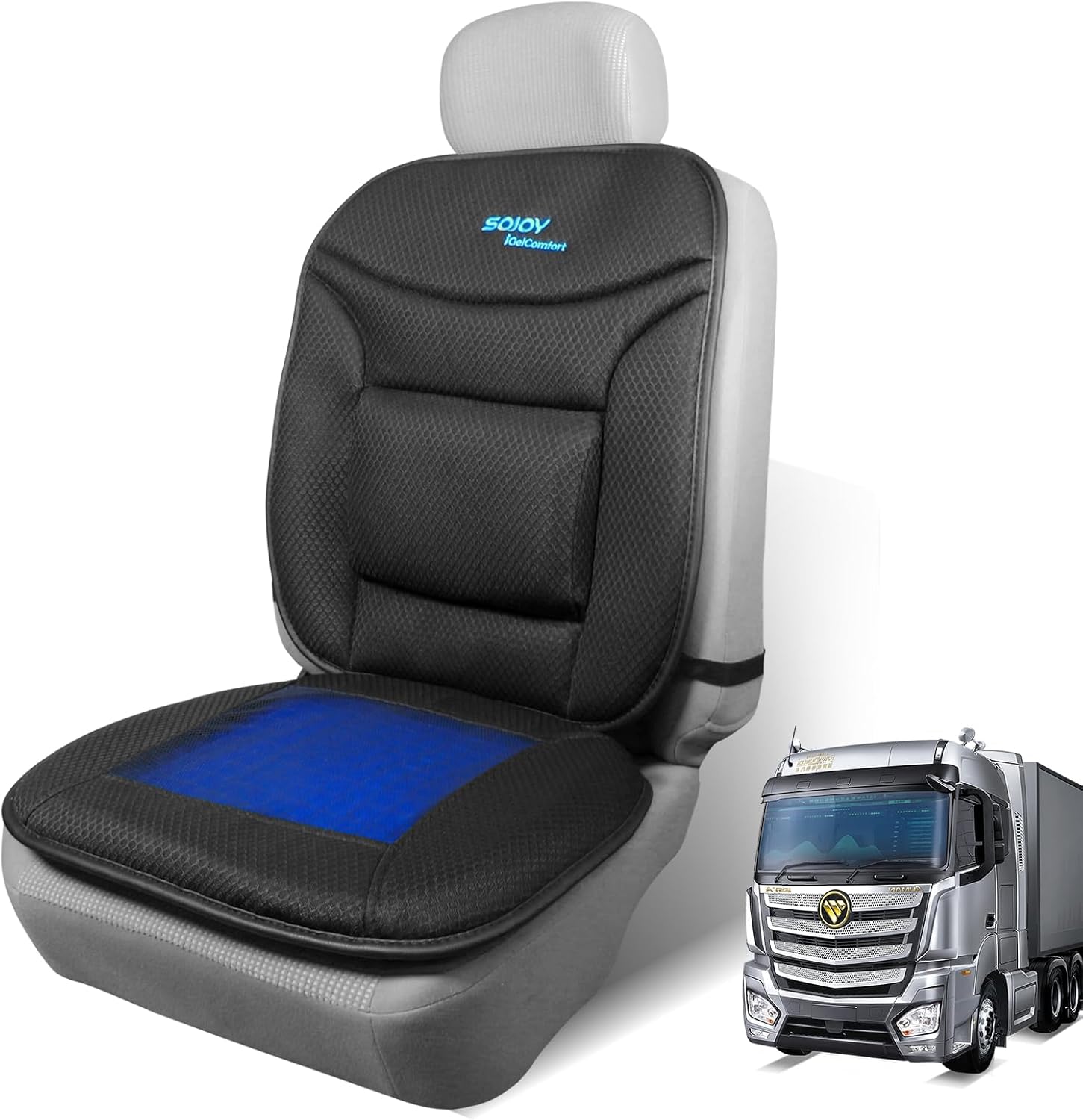 Sojoy iGelComfort Orthopedic Gel Seat Cushion front view showing the full-back lumbar support setup for office chairs.