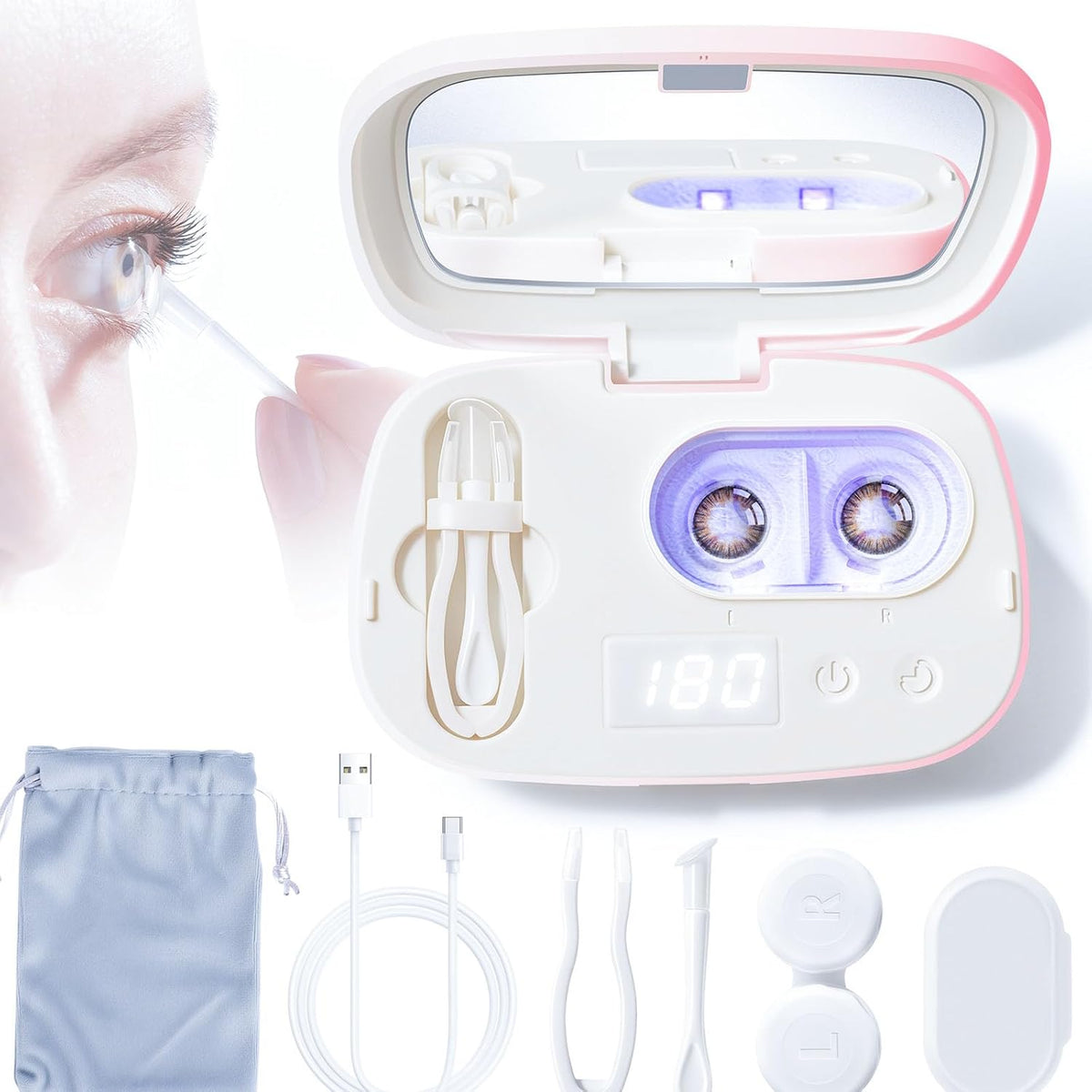 ALLGLAM automatic ultrasonic contact lens cleaner machine front view showing pink and white casing with digital LED timer display.