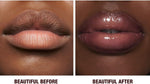 Travel sized shimmering pink lipstick and full size lacquered lip gloss side by side.