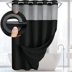 YellyHommy No Hook Waffle Shower Curtain and Liner Set front view in a luxury black bathroom setup.