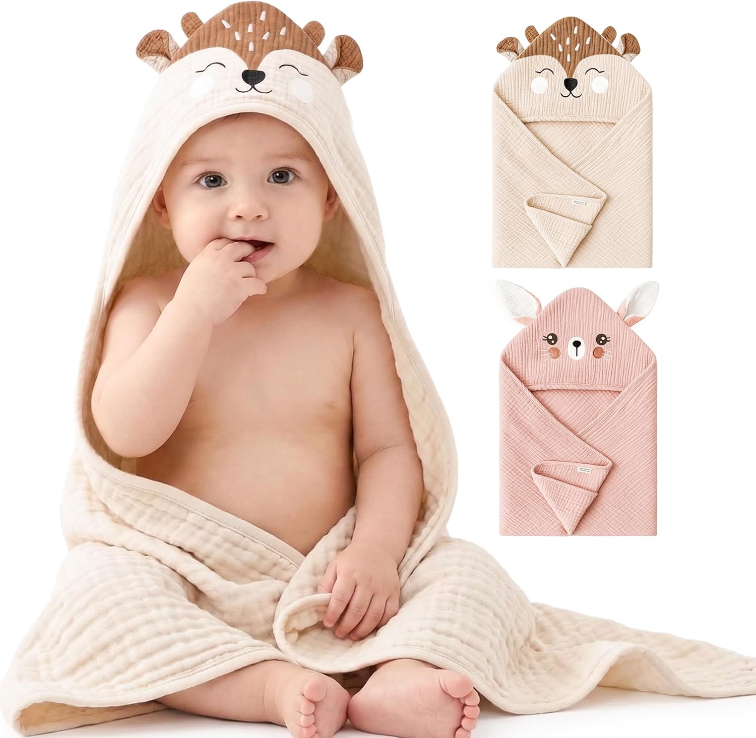Konssy 2-pack muslin baby hooded towels featuring bunny and deer designs