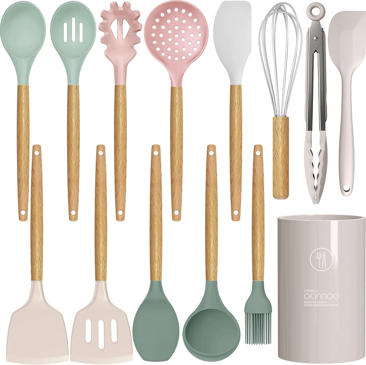 oannao Silicone Kitchen Utensils Set - 446 degreesF Heat Resistant Cooking Utensil Sets, Spatula,Turner,Tongs,Spoon,Whisk, Wooden Handle Silicone Kitchen Gadgets Tools for Non-Stick Cookware BPA Free (Pink) - Image 11