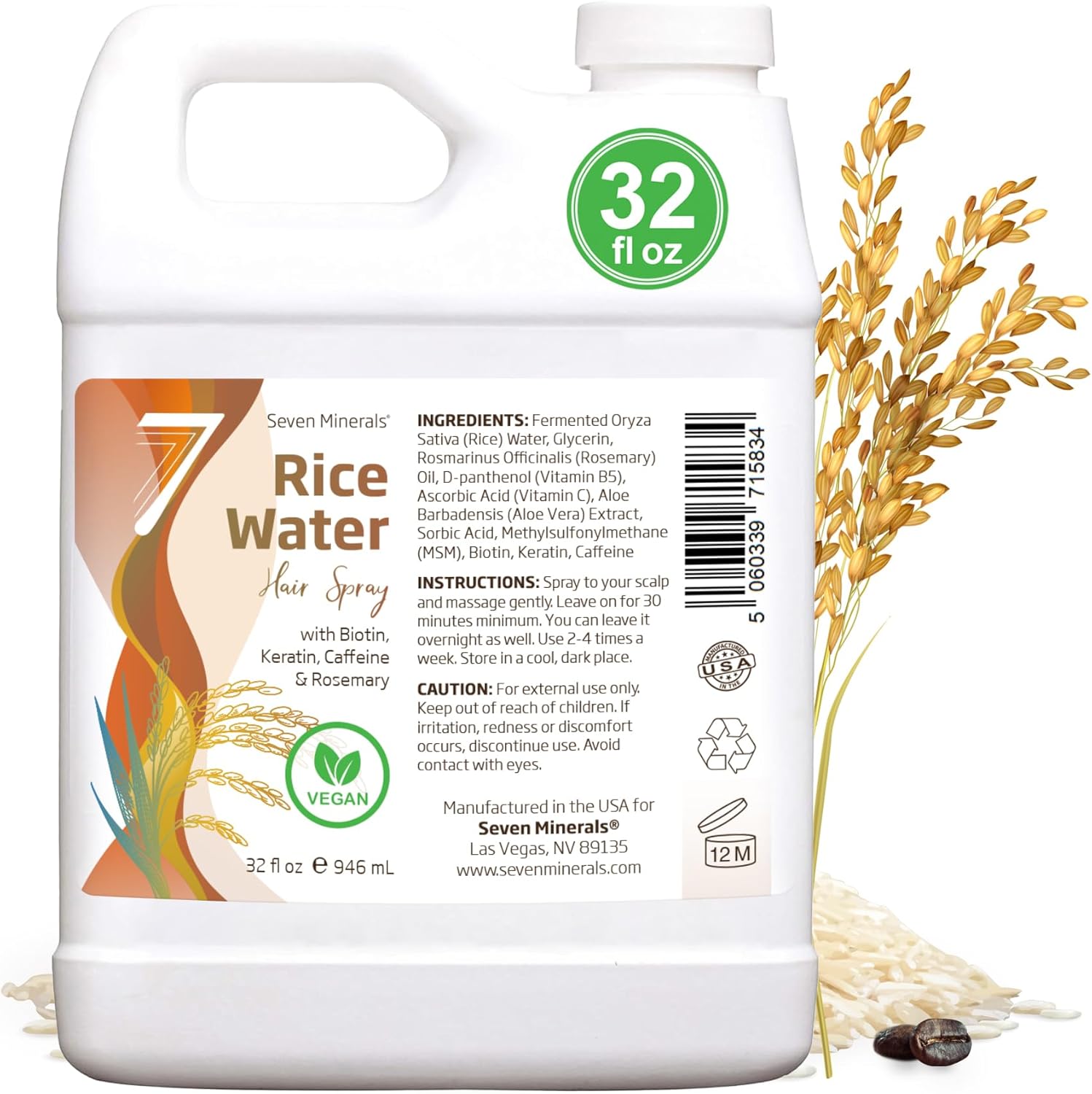 Fermented Rice Water for Hair Growth - Infused with Rosemary, Biotin, Caffeine, Keratin Vegan Non-Greasy Spray Naturally Thicker, Longer, Softer Men & Women (32 fl oz Jug) - Image 1