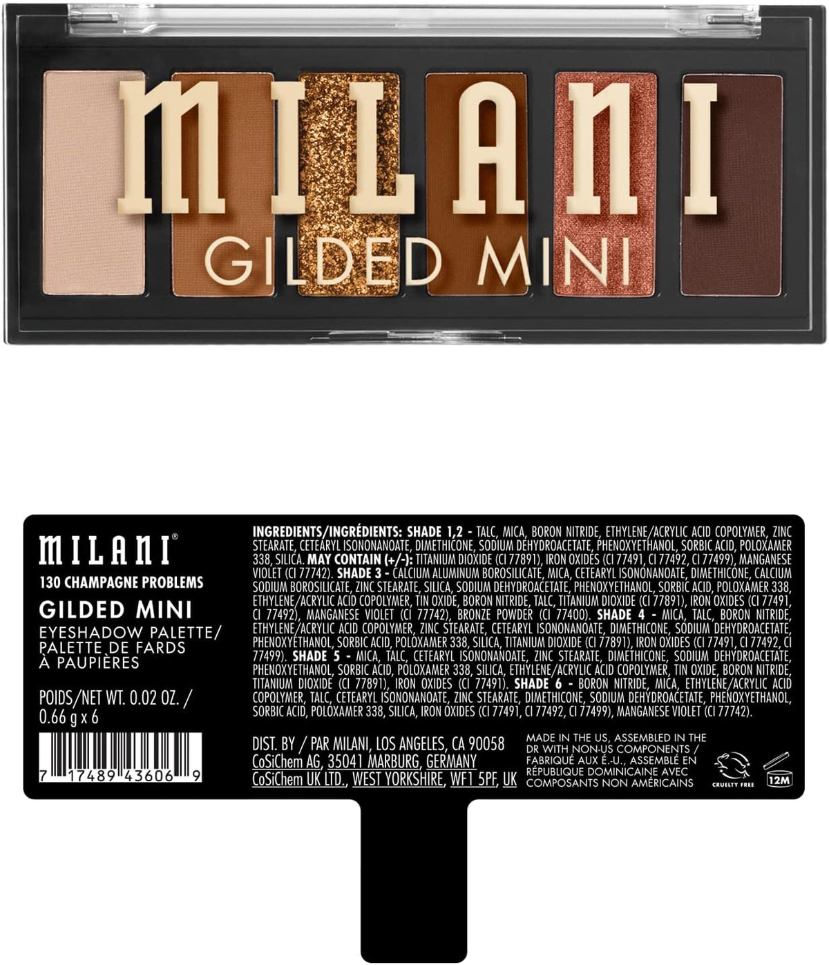 Close up shot of the buttery matte and shimmer textures inside the compact eye makeup packaging