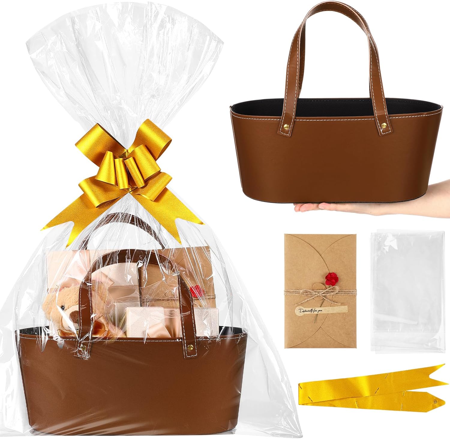 Wonderjune leather empty gift basket front view with handle showing brown vegan leather texture for hamper wrapping