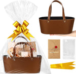 Wonderjune leather empty gift basket front view with handle showing brown vegan leather texture for hamper wrapping