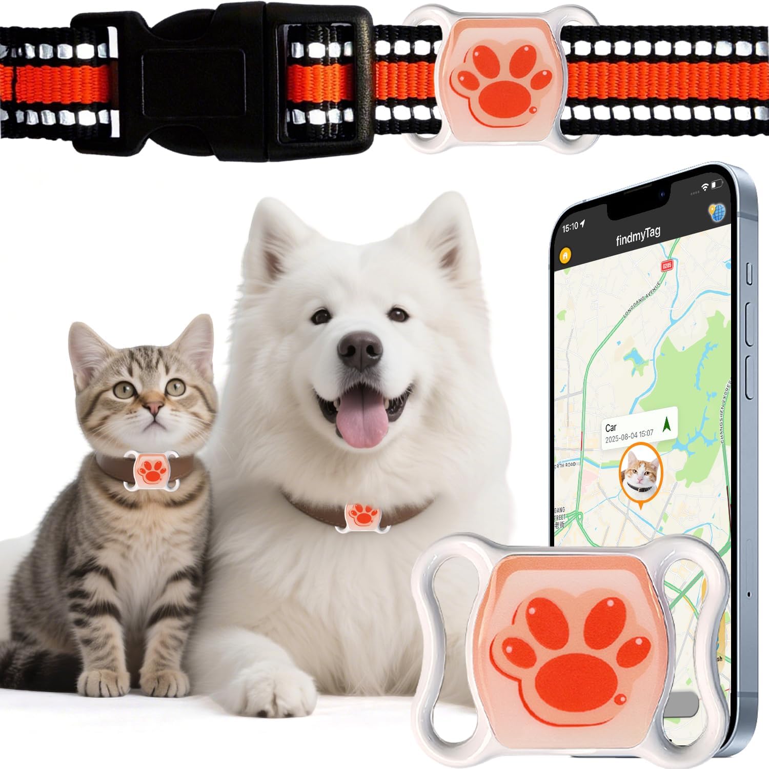 BONSO Pet GPS Tracker front view showing the sleek waterproof smart locator design on a dog collar.