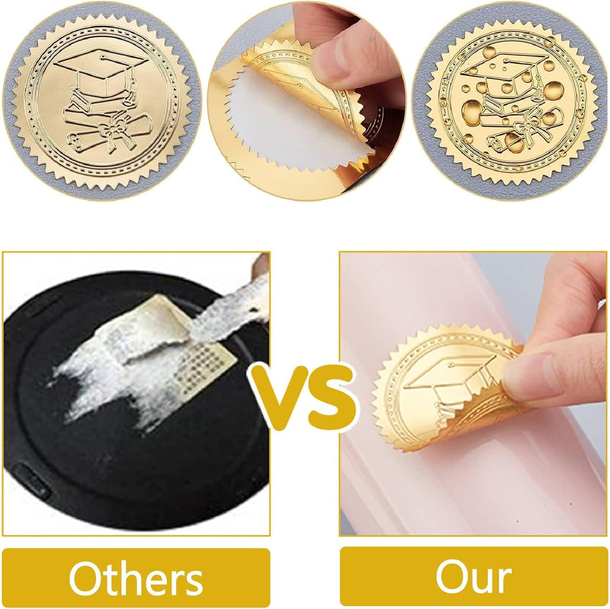 Demonstration of the serrated edge design on a round foil sticker seal.