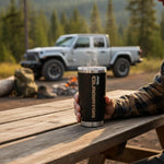 Black stainless steel travel mug with clear magnetic slider lid