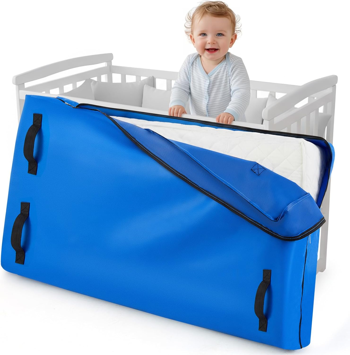 Colingmill waterproof crib mattress storage bag front view in blue