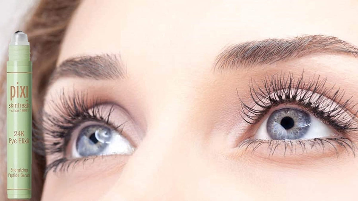 Under eye skincare treatment bottle showing ingredient highlights.