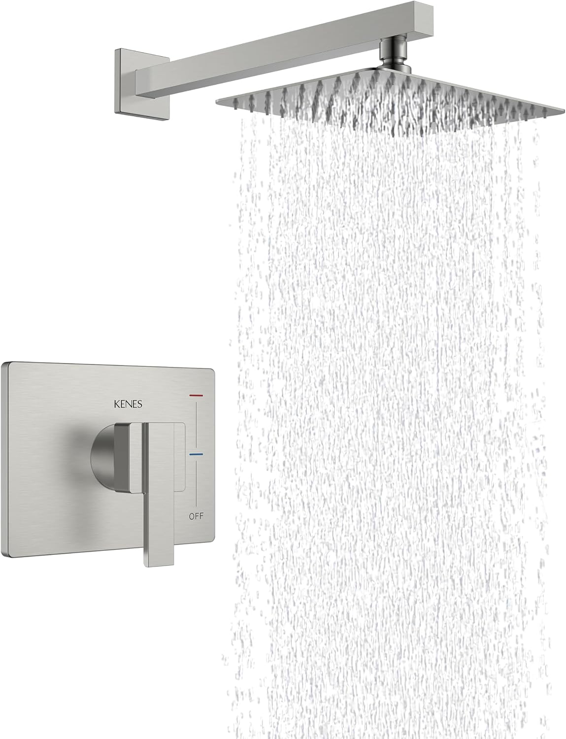 Kenes brushed nickel square shower head and handle set front view bathroom fixture