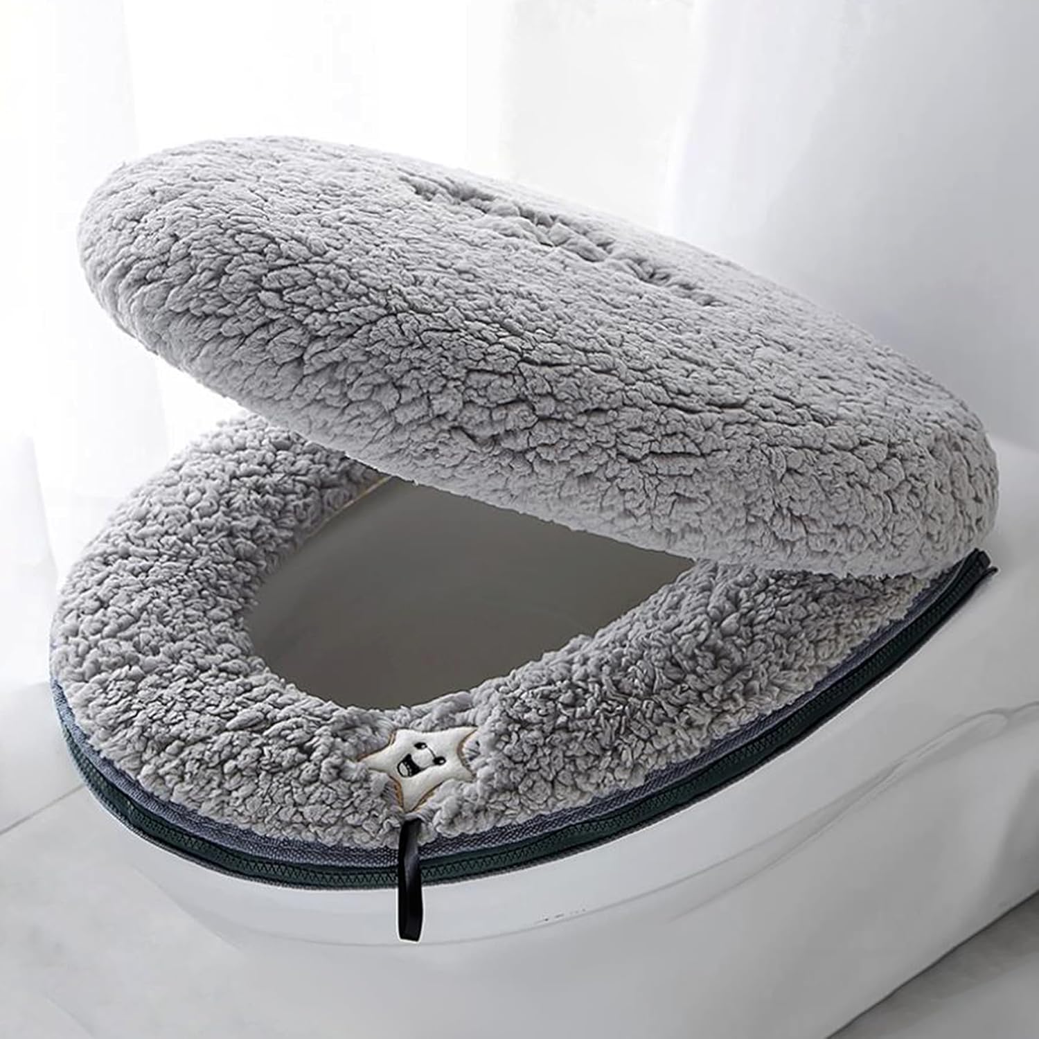 HICYOO plush toilet seat warmer cover grey front view bathroom comfort accessory