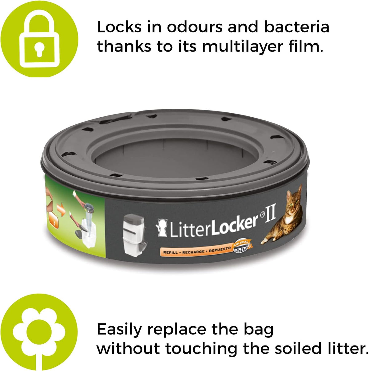 Close up view of the durable plastic film layers on the LitterLocker cat litter refill.