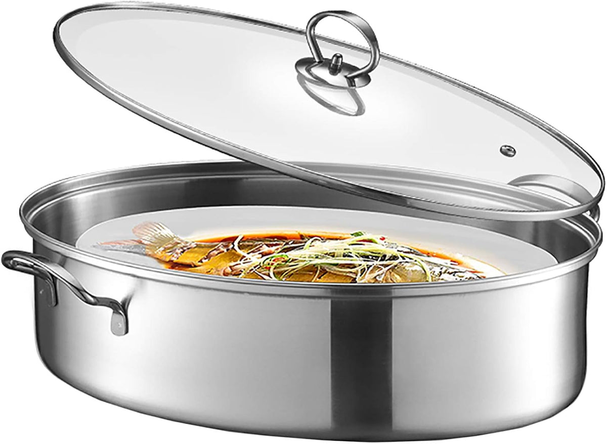Eglaf 8Qt Stainless Steel Fish Steamer - Multi-Use Oval Cookware with Rack, Ceramic Pan, Chuck - Stockpot for Steaming Fish, Boiling Soup - Image 1