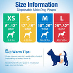 Pet Soft male dog diapers sizing guide graphic highlighting the elastic waist stretch
