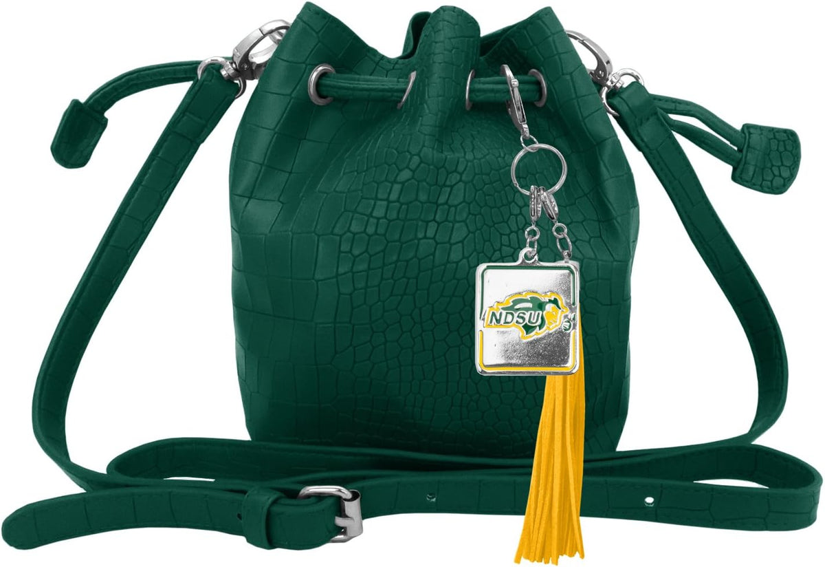 Little Earth Productions NCAA Charming Mini Bucket Bag worn as crossbody