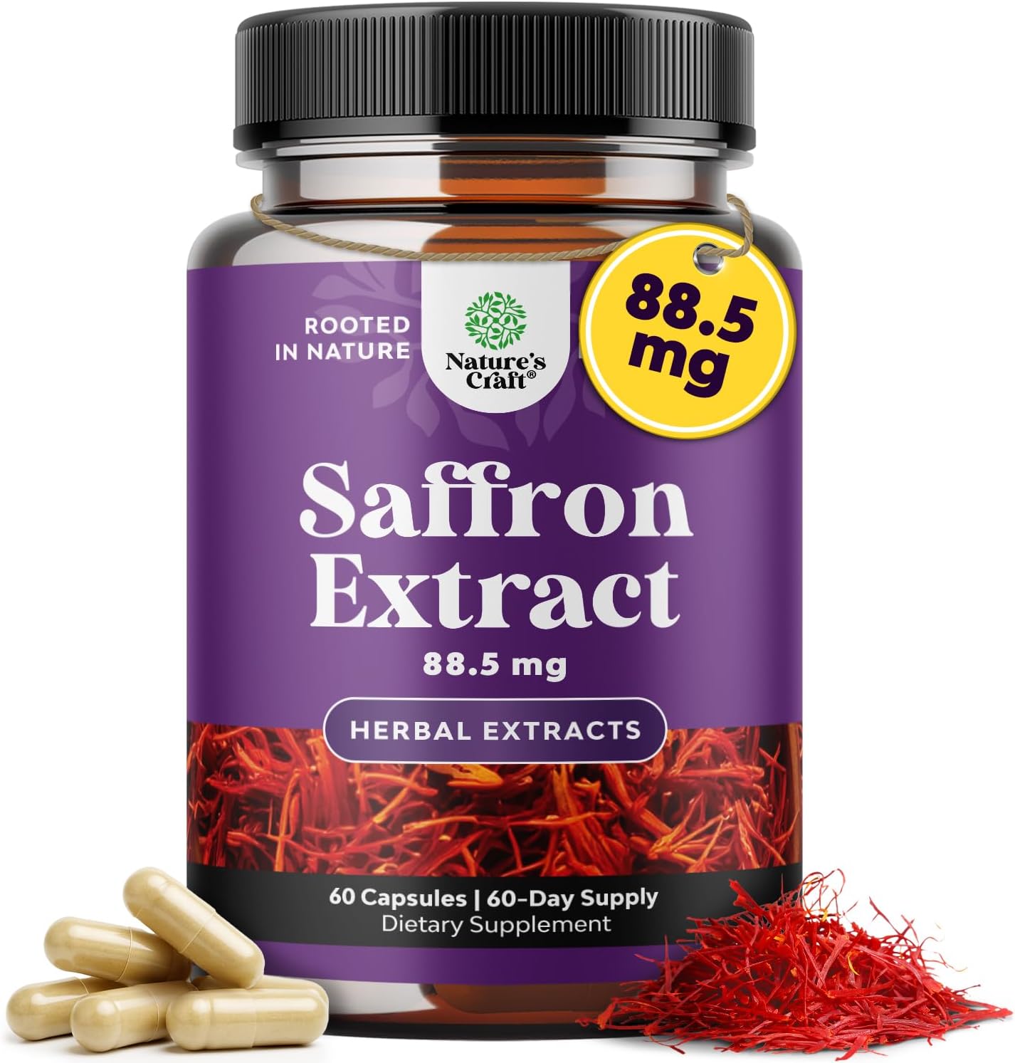 Natures Craft Pure Extract of Saffron Supplements bottle front view showing 60 capsules for mood support