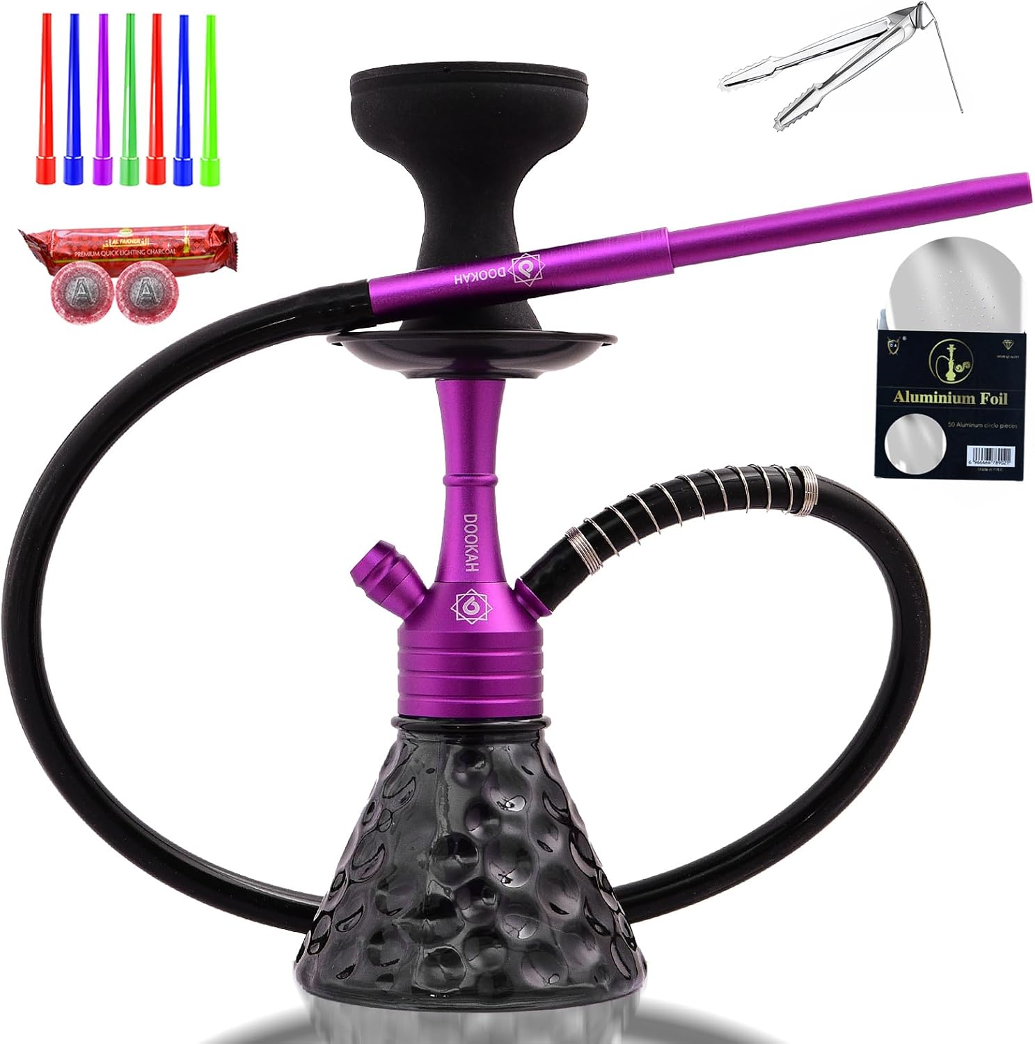 Portable Hookah Set with Everything Included - Thick Glass Mini Hookah Kit with 10 Coals,8 Mouth Tips & Large Silicone Bowl - Premium CNC Handle Shisha Pipe for Car, Travel & Home (PURPLE) - Image 1