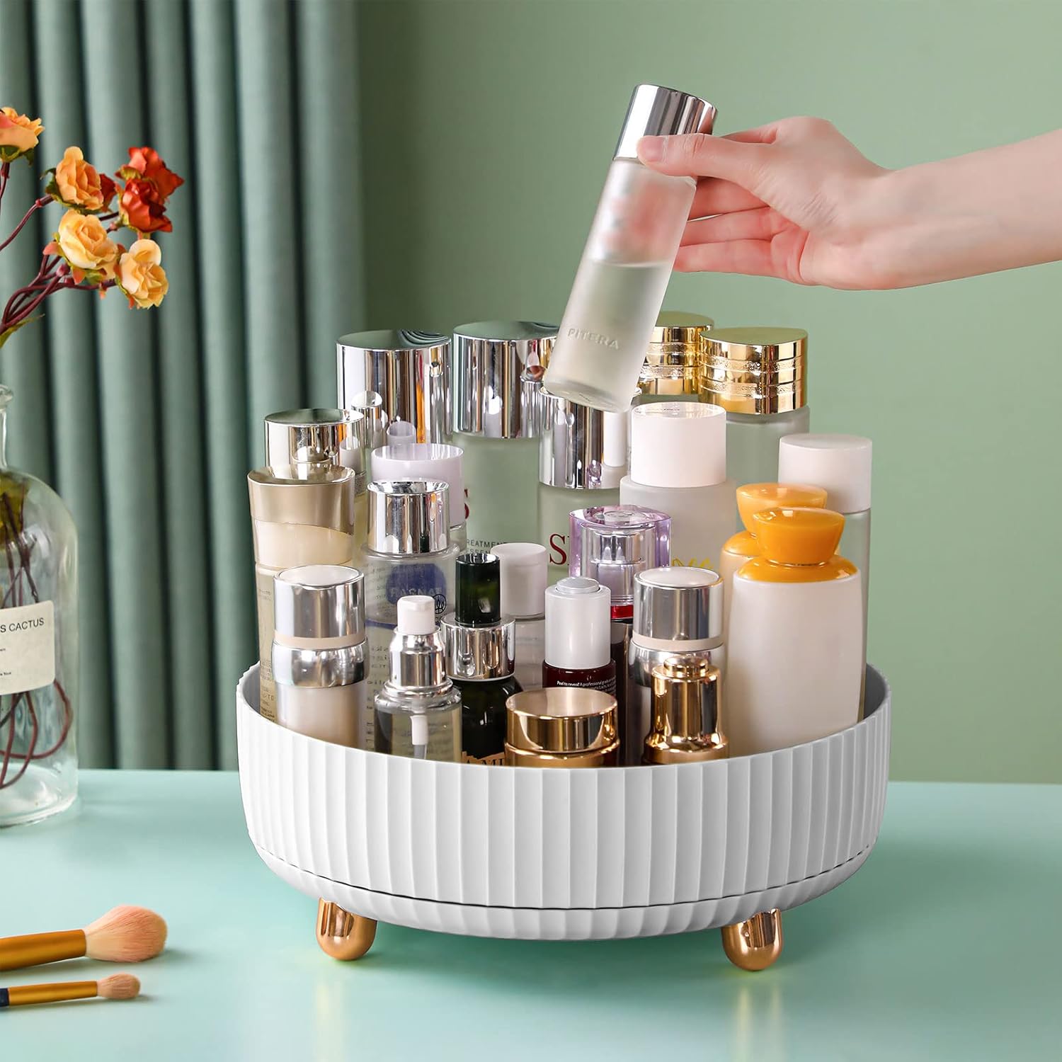 Funest makeup perfume organizer front view of white rotating cosmetic tray