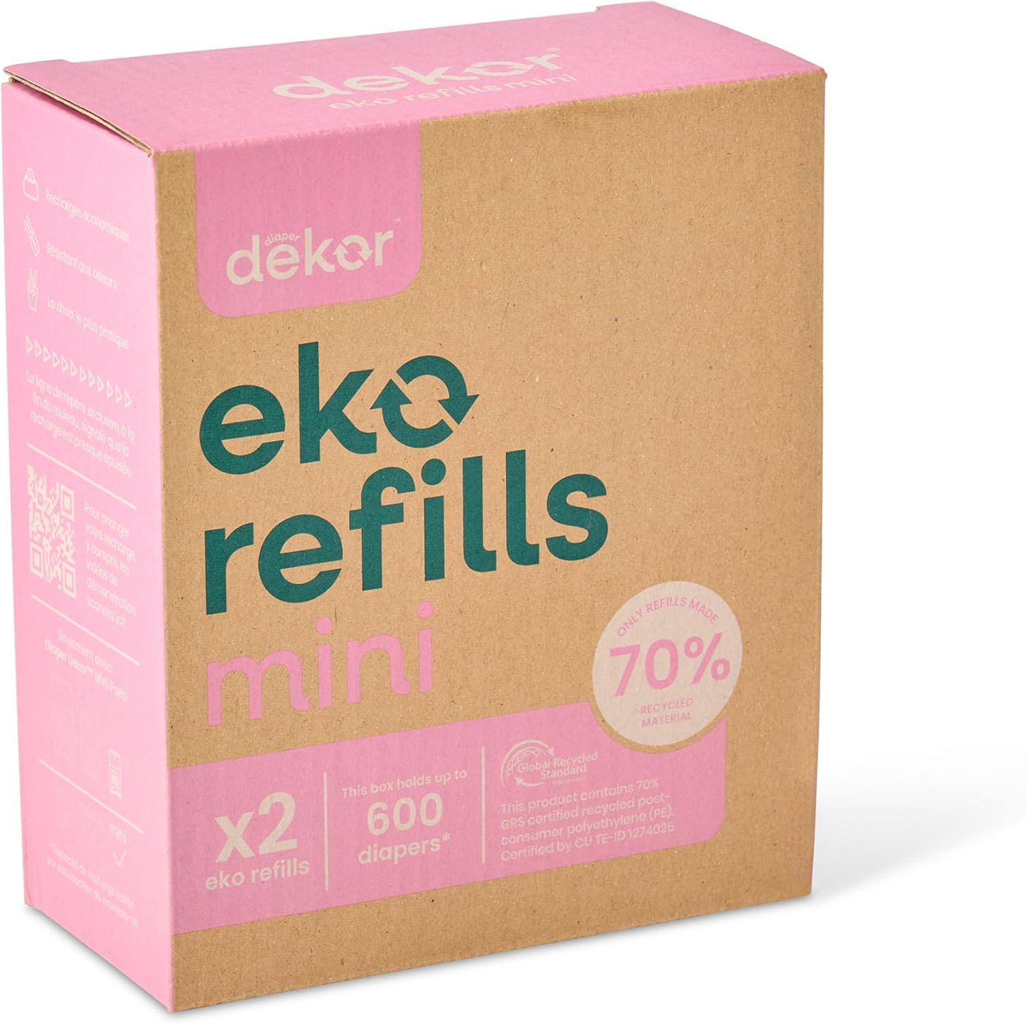 DEKOR diaper mini pail refills pack front view showing premium eco friendly nursery liners