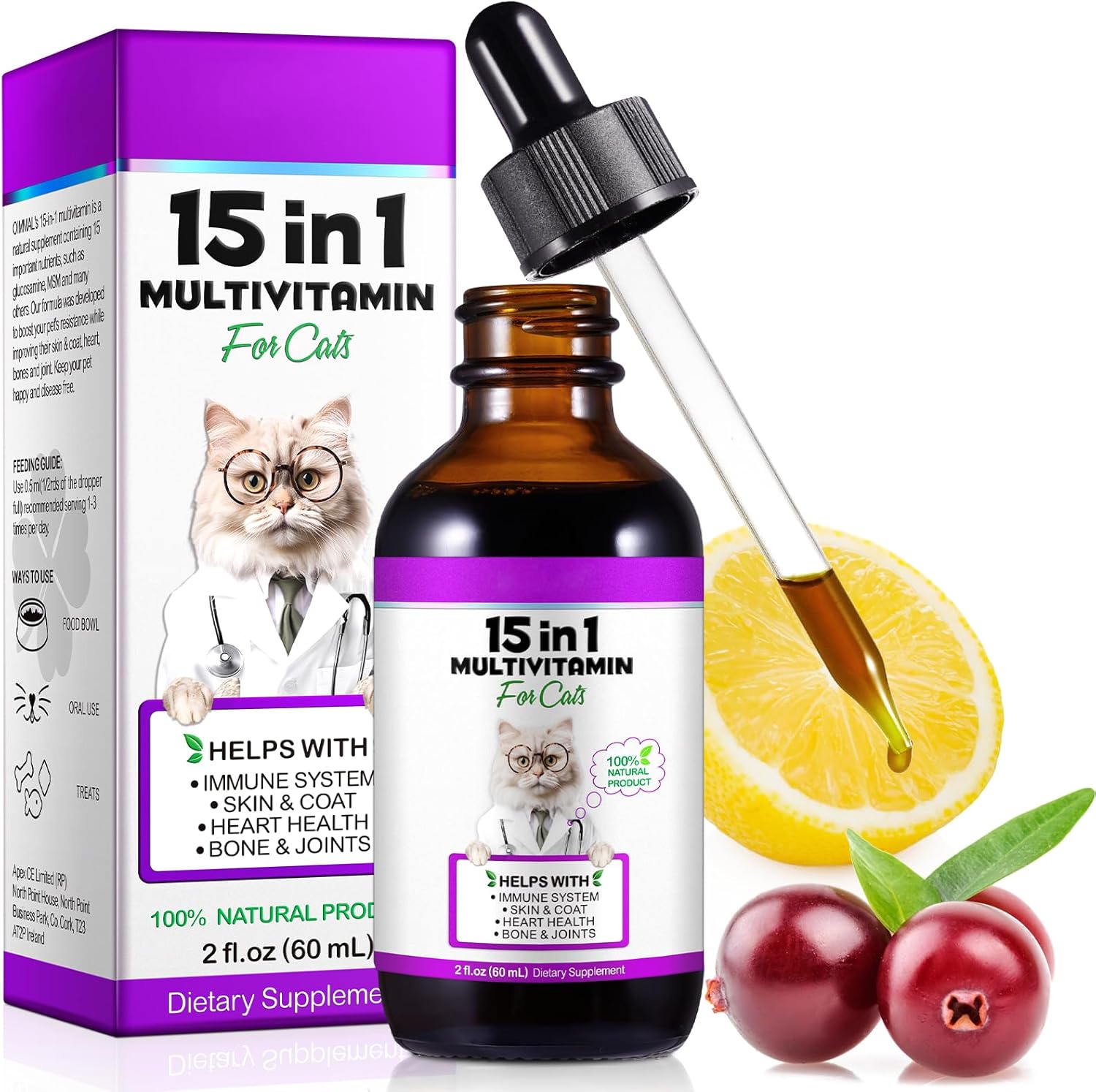 Onznoz 15 in 1 cat multivitamin liquid drops 60ml bottle front view for feline daily nutrition.