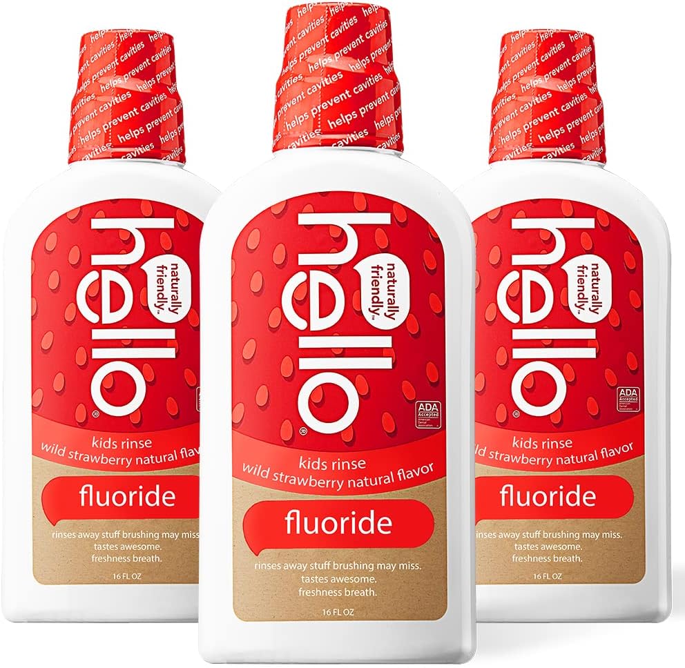 Hello Kids Wild Strawberry Anticavity Fluoride Rinse 3 pack front view for cavity protection.