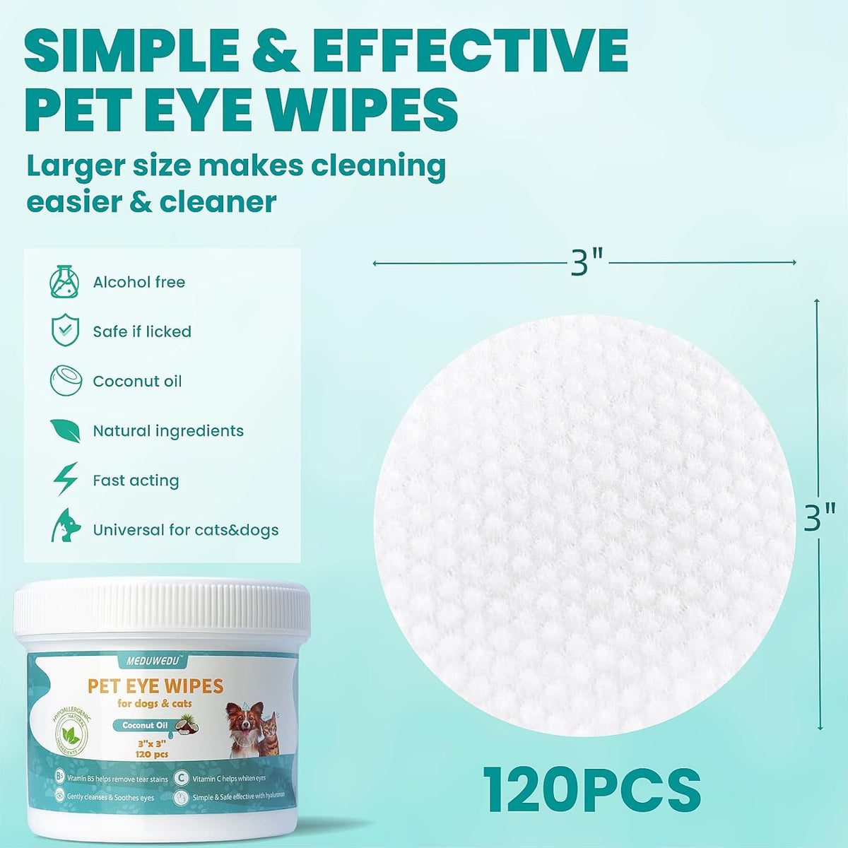 MEDUWEDU 120 count pet wipes container showing ingredient details