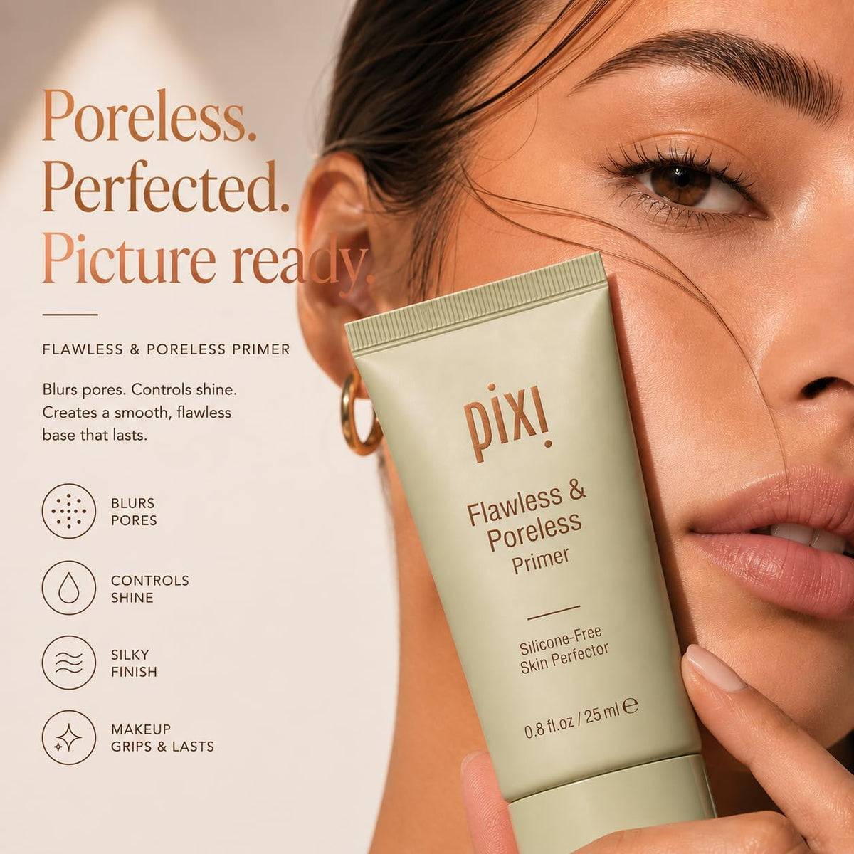 Pixi Flawless and Poreless Primer tube texture swatch showing translucent formula