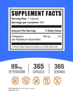 BulkSupplements Potassium Gluconate supplement label details and single capsule serving size information.