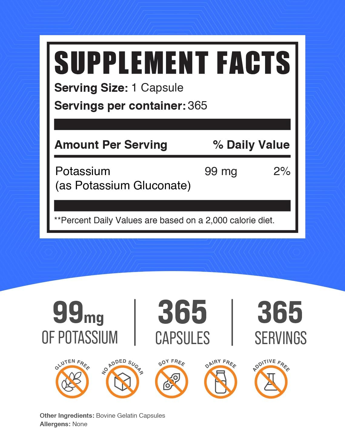 BulkSupplements Potassium Gluconate supplement label details and single capsule serving size information.
