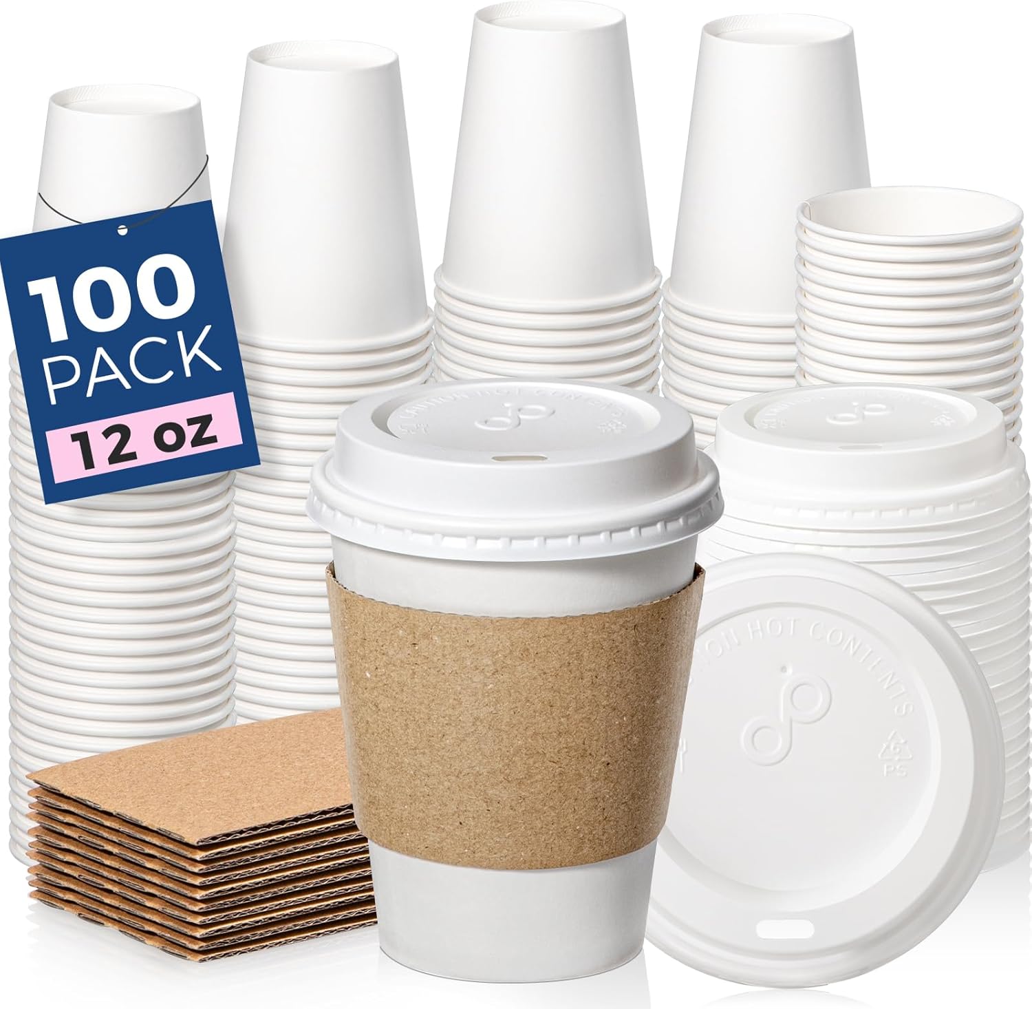 Fit Meal Prep 100 pack 12 ounce coffee cups front view showing lid and sleeve.