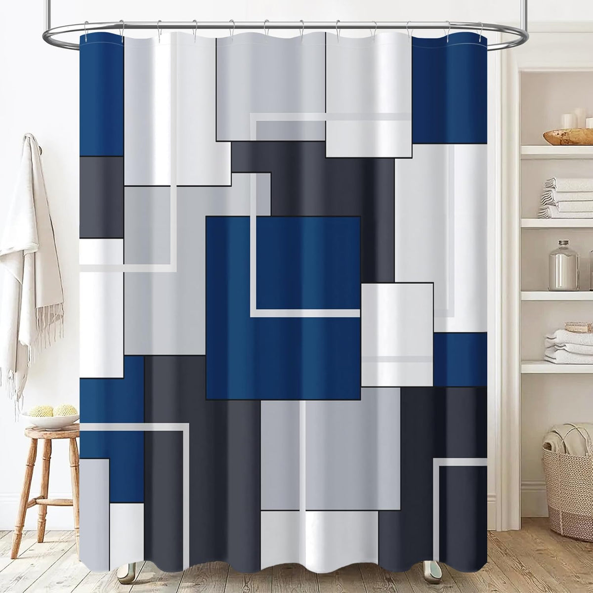BTTN Navy Blue Fabric Shower Curtain front view hanging in modern bathroom setup