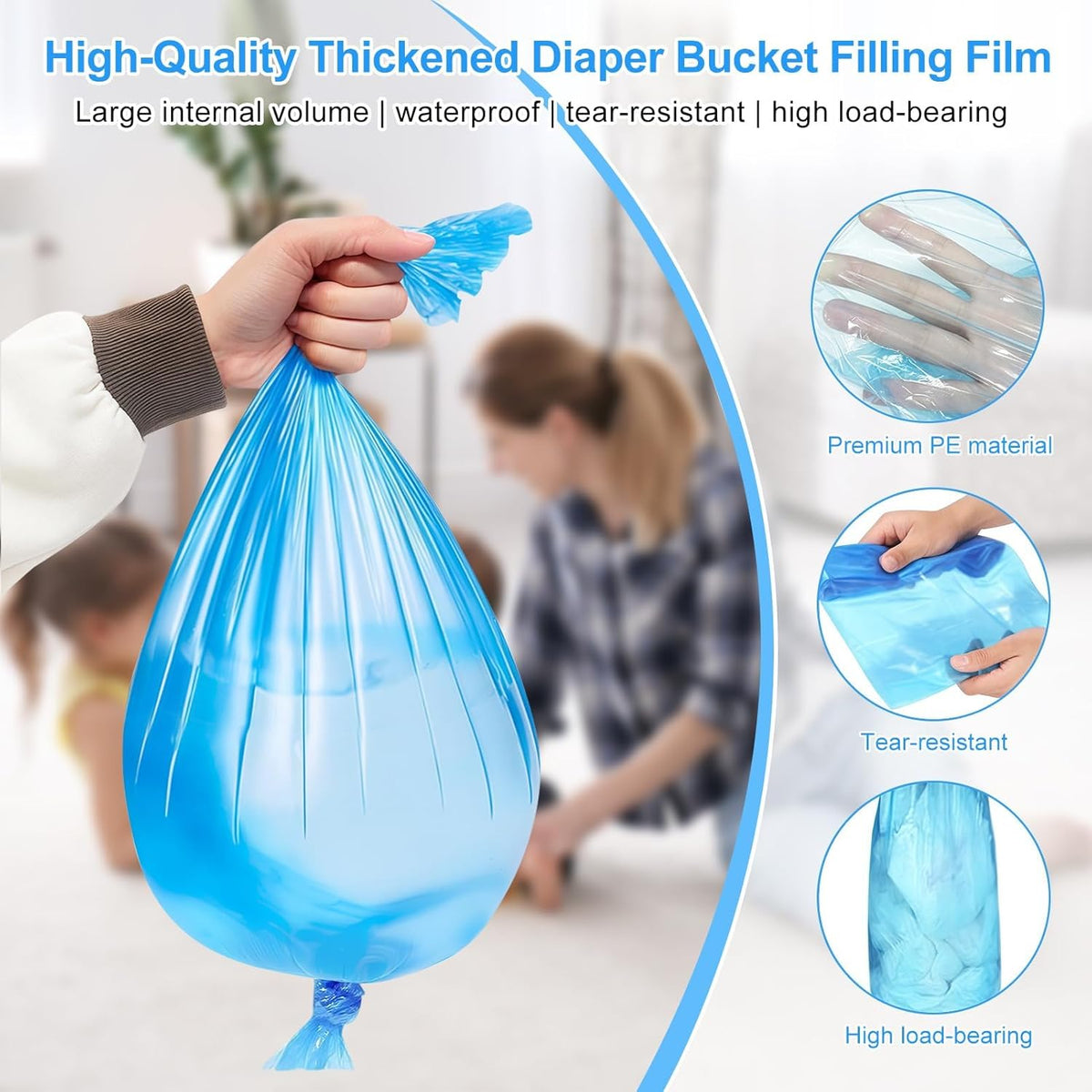 Tear resistant continuous roll refills for nursery diaper pails