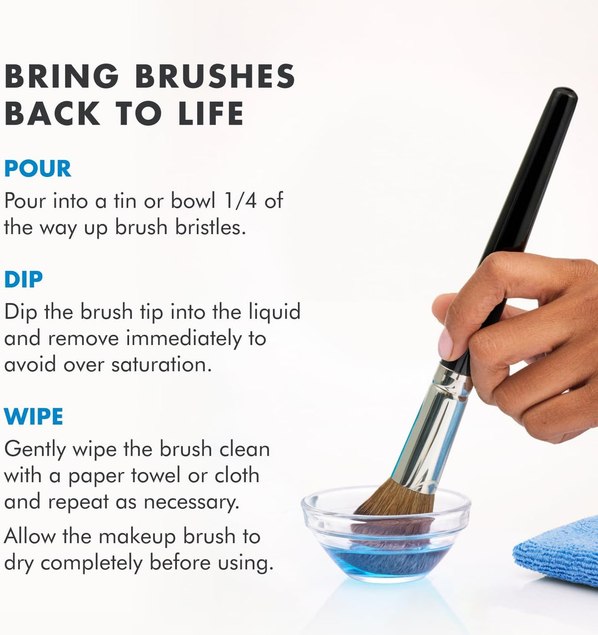Makeup brush bristles dipped into Cinema Secrets cleaning liquid
