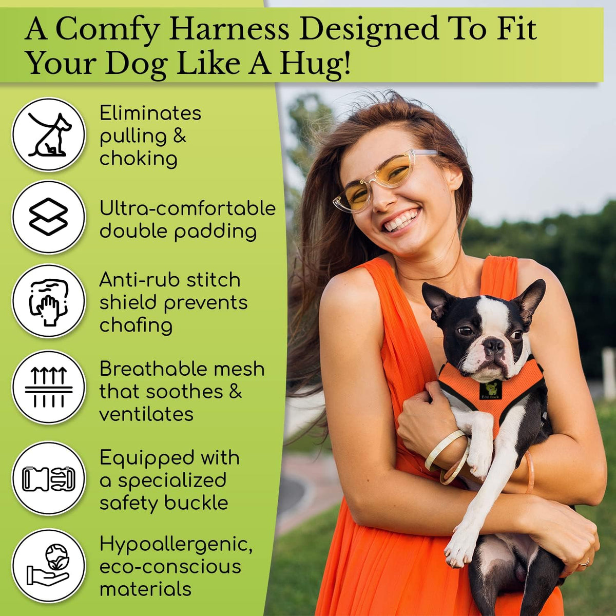 Eco-friendly dog harness close up of durable recycled webbing straps