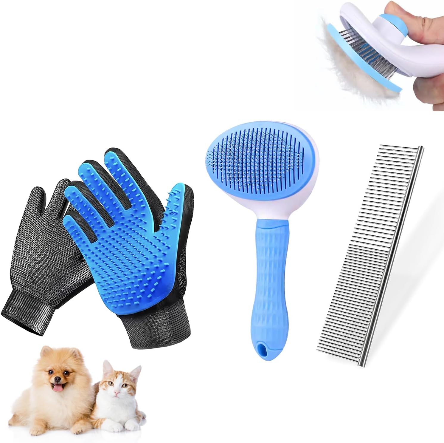 Coyrasth four piece pet grooming kit showing the front view of the slicker brush, deshedding gloves, and stainless steel comb